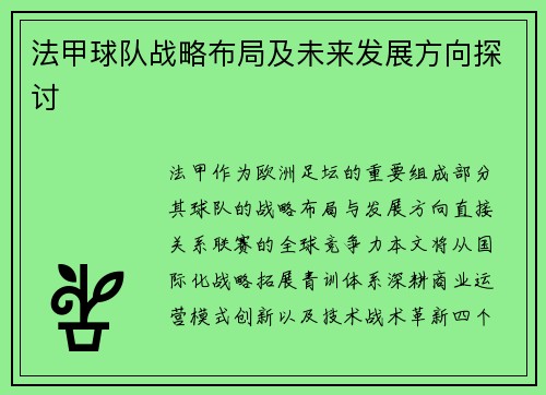 法甲球队战略布局及未来发展方向探讨